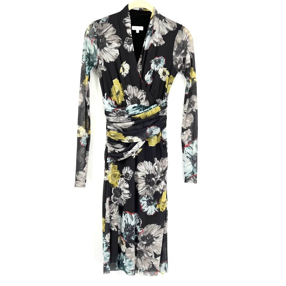 Weston Wear Anthropologie Dress Floral Mesh Faux Wrap Bodycon Ruched